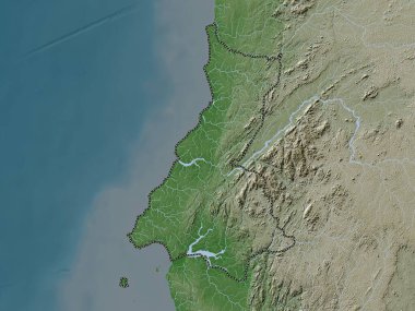 Litoral, Ekvator Ginesi vilayeti. Yükseklik haritası göller ve nehirlerle wiki stilinde renklendirilmiştir