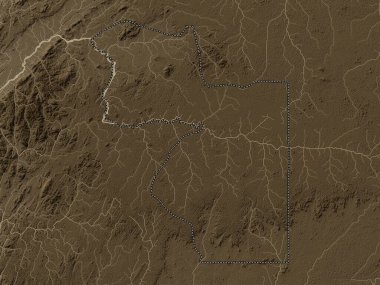 Wele-Nzas, Ekvator Ginesi vilayeti. Yükseklik haritası sepya tonlarında göller ve nehirlerle renklendirilmiş