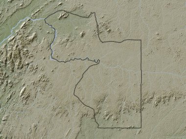 Wele-Nzas, Ekvator Ginesi vilayeti. Yükseklik haritası göller ve nehirlerle wiki stilinde renklendirilmiştir