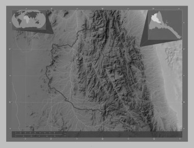 Anseba, Eritre bölgesi. Gölleri ve nehirleri olan gri tonlama yükseklik haritası. Köşedeki yedek konum haritaları