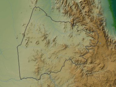 Gash Barka, Eritre bölgesi. Gölleri ve nehirleri olan renkli yükseklik haritası