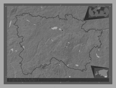Voru, Estonya eyaleti. Göllü ve nehirli çift katlı yükseklik haritası. Bölgenin büyük şehirlerinin yerleri. Köşedeki yedek konum haritaları