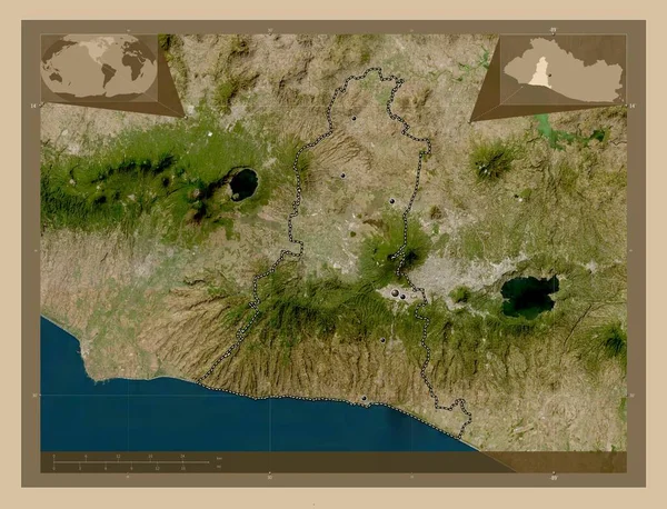 Libertad 萨尔瓦多省 低分辨率卫星地图 该区域主要城市的所在地点 角辅助位置图 — 图库照片