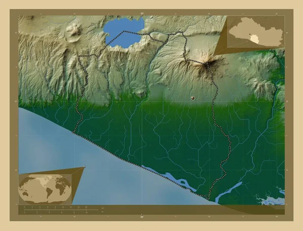 ラパス エルサルバドル省 湖や川と色の標高マップ コーナー補助位置図 — ストック写真