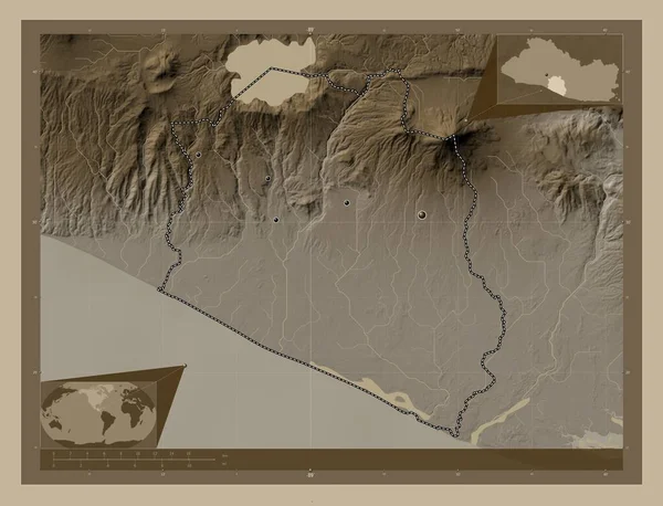 Paz Department Salvador Elevation Map Colored Sepia Tones Lakes Rivers — Stock Photo, Image