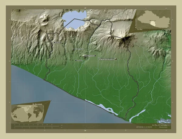 Paz Departamento Salvador Mapa Elevación Coloreado Estilo Wiki Con Lagos — Foto de Stock