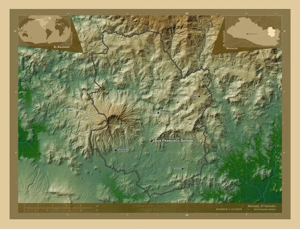 Morazan Salvador Megye Színes Domborzati Térkép Tavakkal Folyókkal Régió Nagyvárosainak — Stock Fotó
