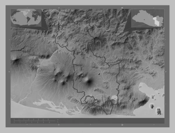 San Miguel Department Salvador Grayscale Elevation Map Lakes Rivers Corner — Stock Photo, Image