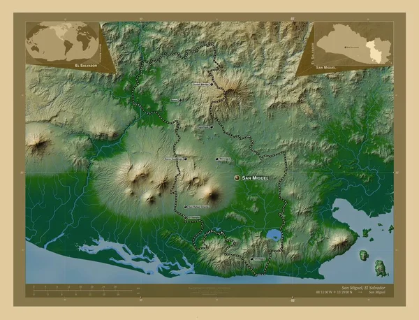 San Miguel Oddělení Salvadoru Barevná Mapa Jezery Řekami Umístění Názvy — Stock fotografie