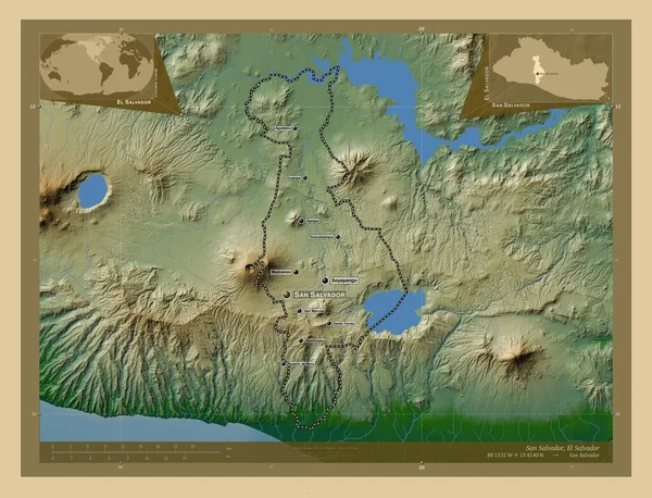 サンサルバドル エルサルバドル省 湖や川と色の標高マップ 地域の主要都市の位置と名前 コーナー補助位置図 — ストック写真