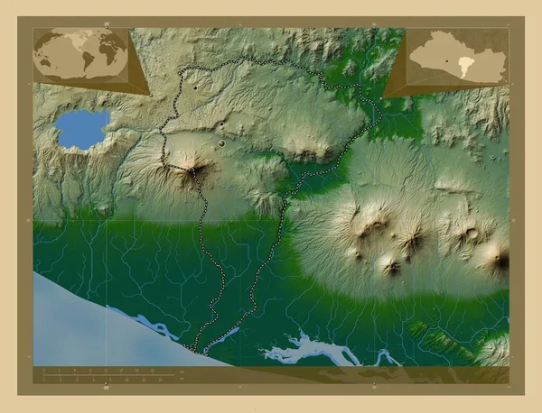 サンビセンテ エルサルバドル省 湖や川と色の標高マップ 地域の主要都市の場所 コーナー補助位置図 — ストック写真
