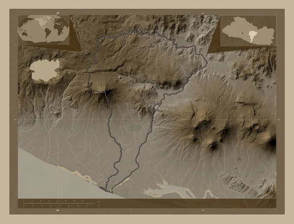 San Vicente Salvador Departmanı Yükseklik Haritası Sepya Tonlarında Göller Nehirlerle — Stok fotoğraf