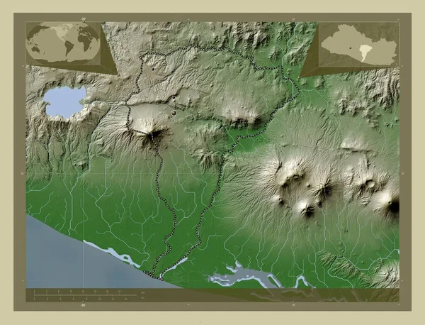 サンビセンテ エルサルバドル省 湖や川とWikiスタイルで着色された標高マップ 地域の主要都市の場所 コーナー補助位置図 — ストック写真