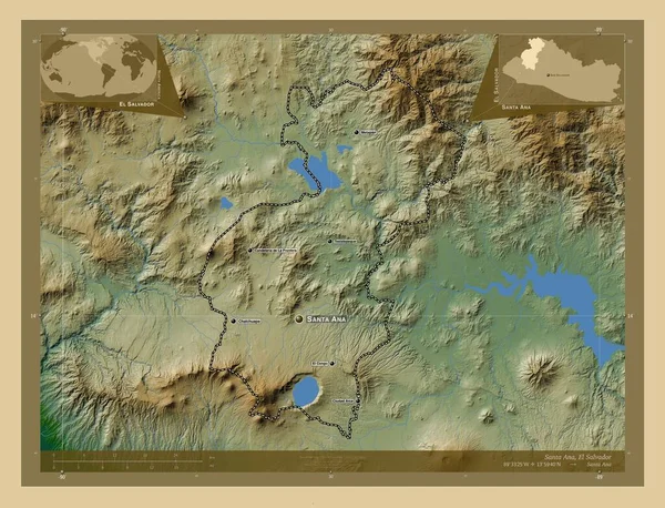 サンタ アナエルサルバドル県出身 湖や川と色の標高マップ 地域の主要都市の位置と名前 コーナー補助位置図 — ストック写真