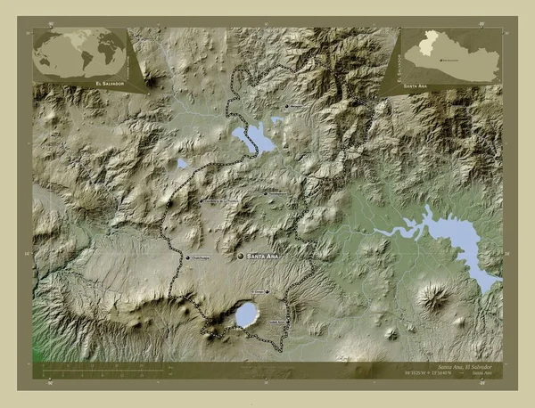 サンタ アナエルサルバドル県出身 湖や川とWikiスタイルで着色された標高マップ 地域の主要都市の位置と名前 コーナー補助位置図 — ストック写真