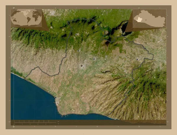 Sonsonate 萨尔瓦多省 低分辨率卫星地图 该区域主要城市的所在地点 角辅助位置图 — 图库照片