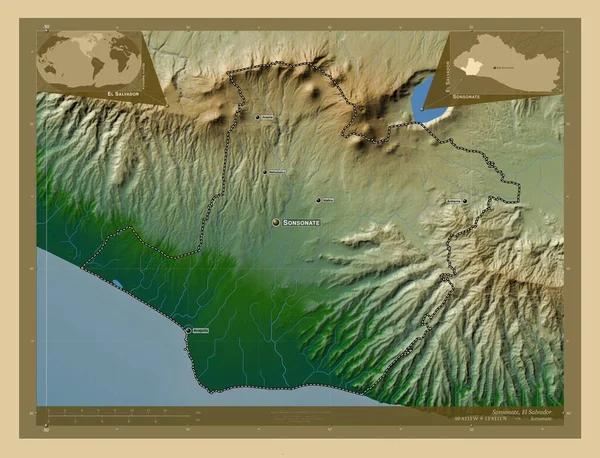 Sonsonát Oddělení Salvadoru Barevná Mapa Jezery Řekami Umístění Názvy Velkých — Stock fotografie