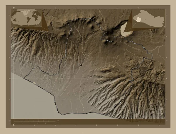 Sonsonát Oddělení Salvadoru Zdvihová Mapa Zbarvená Sépiovými Tóny Jezery Řekami — Stock fotografie