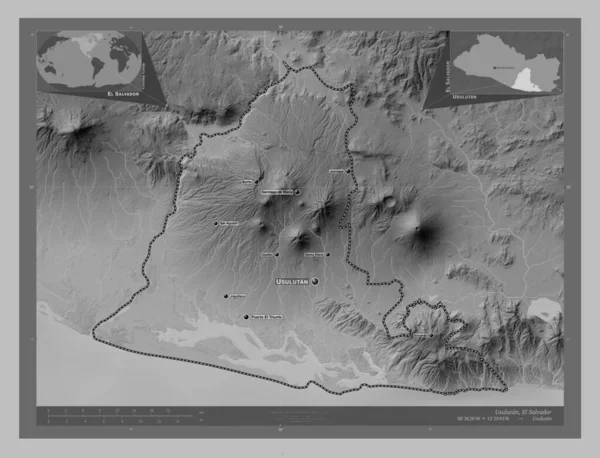 Усулутан Департамент Сальвадора Карта Высот Оттенках Серого Озерами Реками Места — стоковое фото