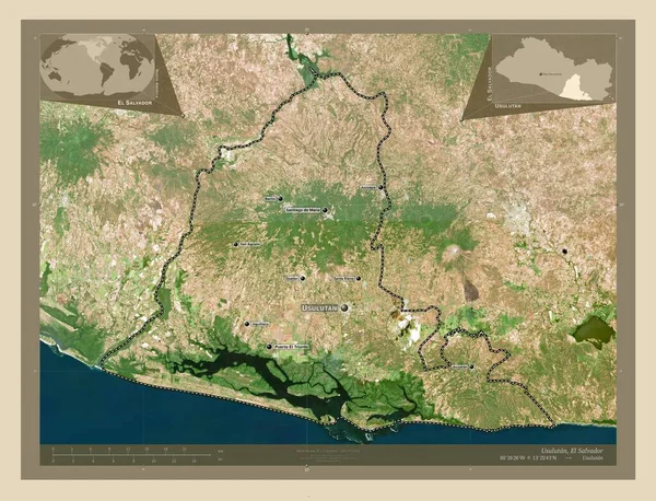 エルサルバドルのウスルタン 高解像度衛星地図 地域の主要都市の位置と名前 コーナー補助位置図 — ストック写真