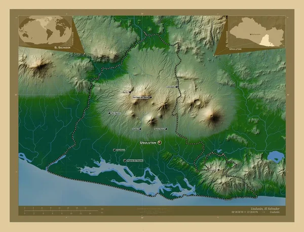 Усулутан Департамент Сальвадора Цветная Карта Высоты Озерами Реками Места Названия — стоковое фото