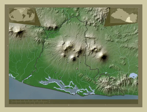 Usulutan Salvador Departmanı Yükseklik Haritası Göller Nehirlerle Wiki Tarzında Renklendirilmiş — Stok fotoğraf