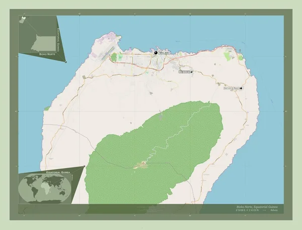 赤道ギニアのビオコ ノルテ州 ストリートマップを開く 地域の主要都市の位置と名前 コーナー補助位置図 — ストック写真