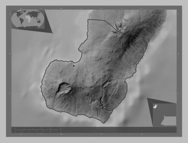 Bioko Sur 赤道几内亚省 带有湖泊和河流的灰度高程图 该区域主要城市的所在地点 角辅助位置图 — 图库照片