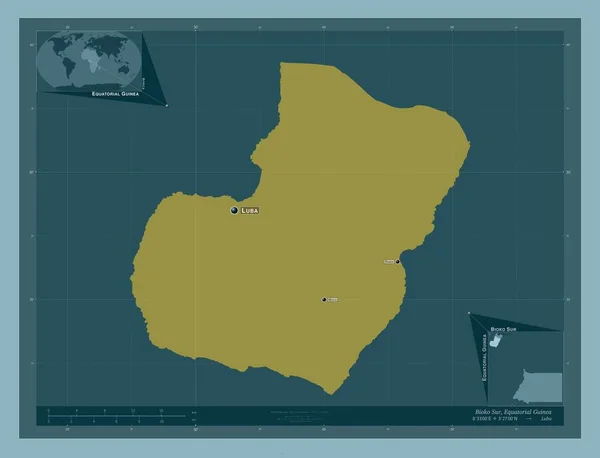 Bioko Sur 赤道几内亚省 固体的颜色形状 该区域主要城市的地点和名称 角辅助位置图 — 图库照片