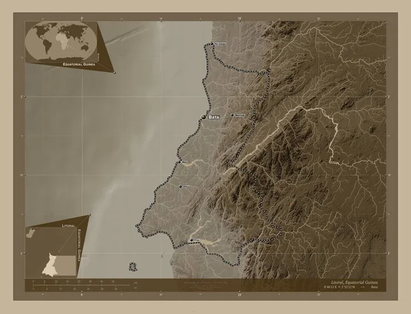 Litoral Provincia Della Guinea Equatoriale Mappa Elevazione Colorata Toni Seppia — Foto Stock