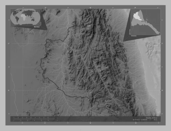 Anseba Regio Van Eritrea Grayscale Hoogte Kaart Met Meren Rivieren — Stockfoto
