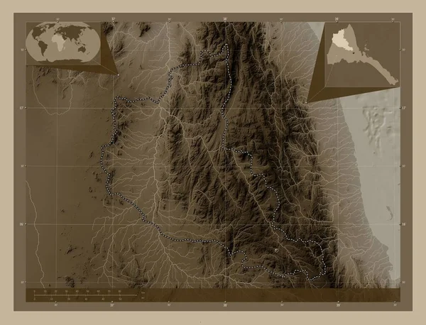 Anseba Περιοχή Της Ερυθραίας Υψόμετρο Χάρτη Χρωματισμένο Τόνους Σέπια Λίμνες — Φωτογραφία Αρχείου