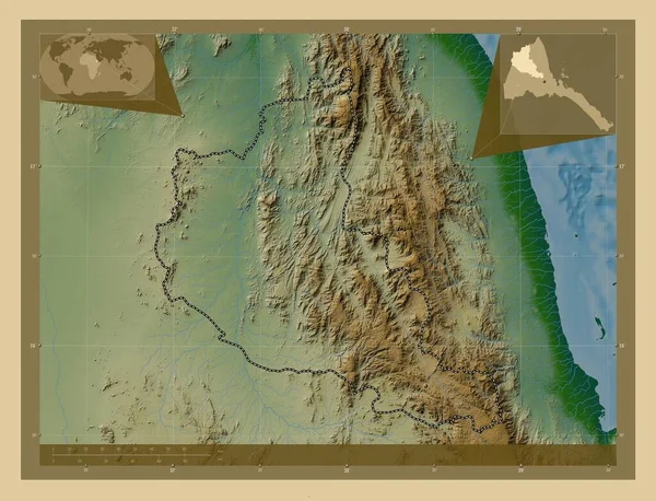 Anseba Region Eritrea Colored Elevation Map Lakes Rivers Corner Auxiliary — Stock Photo, Image