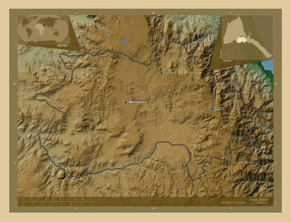 エリトリアの地方出身 湖や川と色の標高マップ 地域の主要都市の位置と名前 コーナー補助位置図 — ストック写真