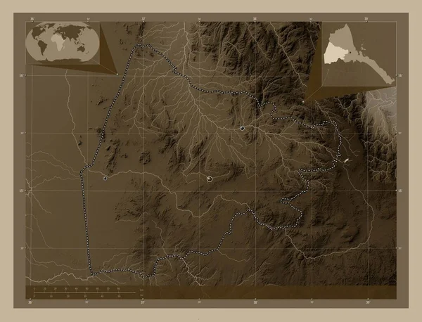 Gash Barka Región Eritrea Mapa Elevación Coloreado Tonos Sepia Con —  Fotos de Stock