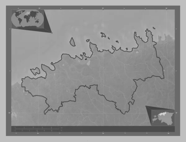 Harju County Estonia Grayscale Elevation Map Lakes Rivers Corner Auxiliary — Stock Photo, Image