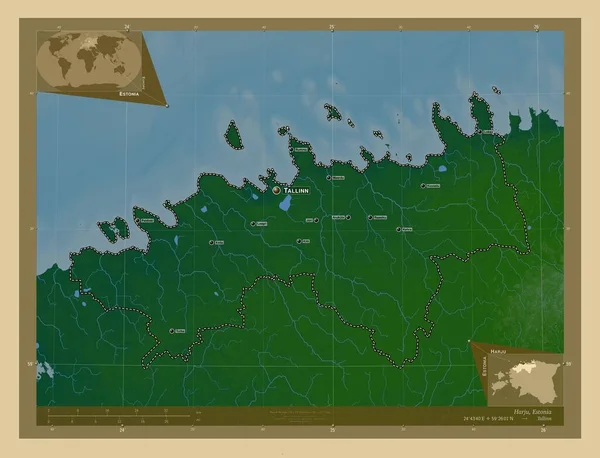 Харджу Округ Естонії Кольорові Карти Висот Озерами Річками Місця Розташування — стокове фото