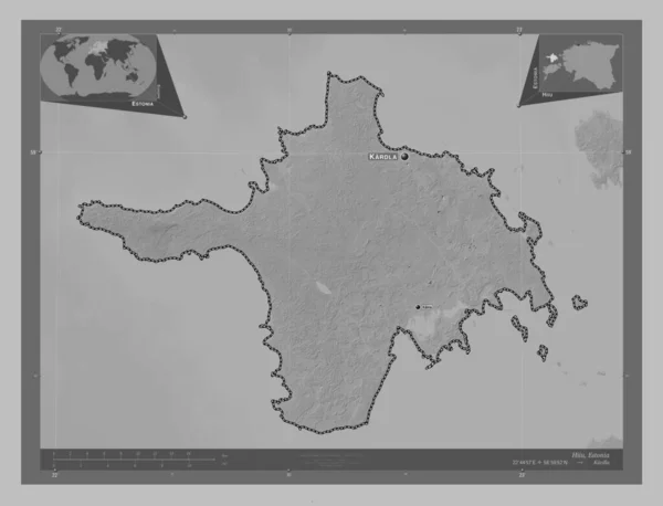 Hiiu County Estonia Grayscale Elevation Map Lakes Rivers Locations Names — Stock Photo, Image