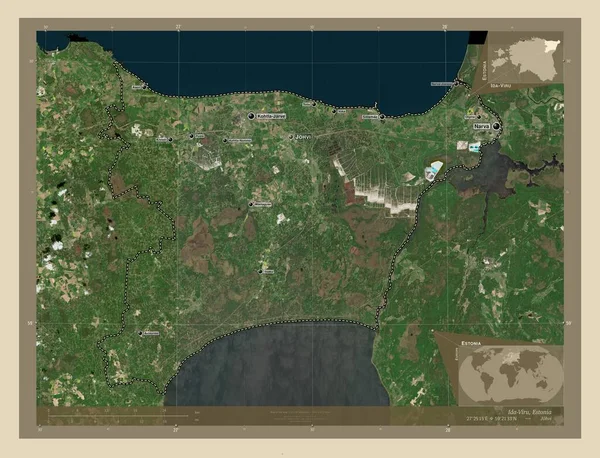 エストニアの郡アイダ ヴィル 高解像度衛星地図 地域の主要都市の位置と名前 コーナー補助位置図 — ストック写真