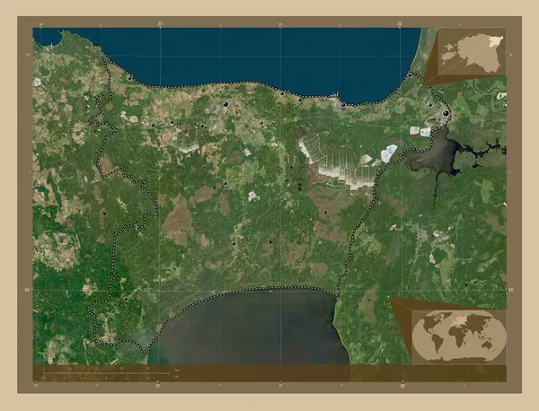 エストニアの郡アイダ ヴィル 低解像度衛星地図 地域の主要都市の場所 コーナー補助位置図 — ストック写真