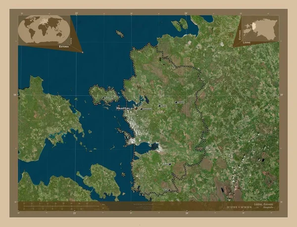 エストニアの郡ラーン 低解像度衛星地図 地域の主要都市の位置と名前 コーナー補助位置図 — ストック写真