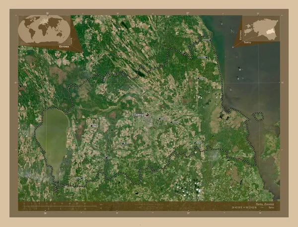 エストニアのタルトゥ県 低解像度衛星地図 地域の主要都市の位置と名前 コーナー補助位置図 — ストック写真