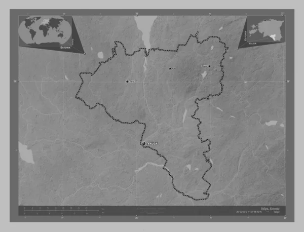 Valga County Estonia Grayscale Elevation Map Lakes Rivers Locations Names — Stock Photo, Image