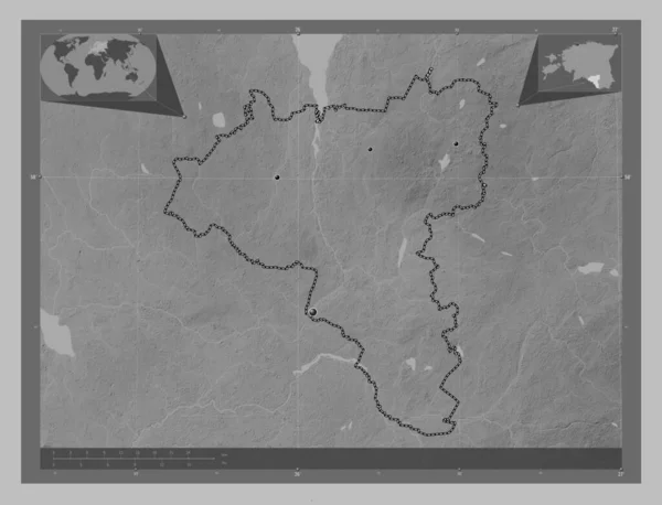 Valga Provincie Estland Grayscale Hoogte Kaart Met Meren Rivieren Locaties — Stockfoto