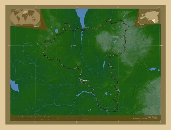 Valga Kreis Estland Farbige Übersichtskarte Mit Seen Und Flüssen Orte — Stockfoto