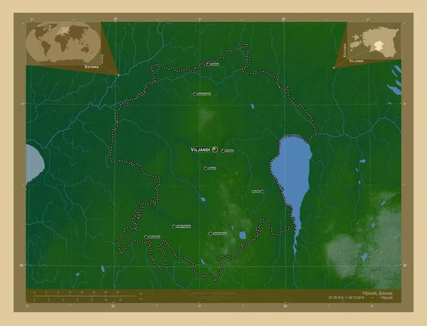 Viljandi Okręg Estonii Kolorowa Mapa Wzniesień Jeziorami Rzekami Lokalizacje Nazwy — Zdjęcie stockowe