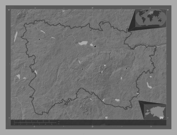 エストニアの郡ヴォル 湖や川と二階の標高マップ 地域の主要都市の場所 コーナー補助位置図 — ストック写真