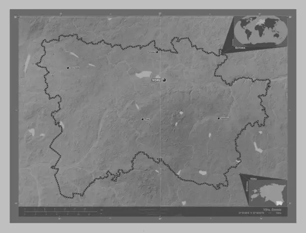 Voru County Estonia Grayscale Elevation Map Lakes Rivers Locations Names — Stock Photo, Image