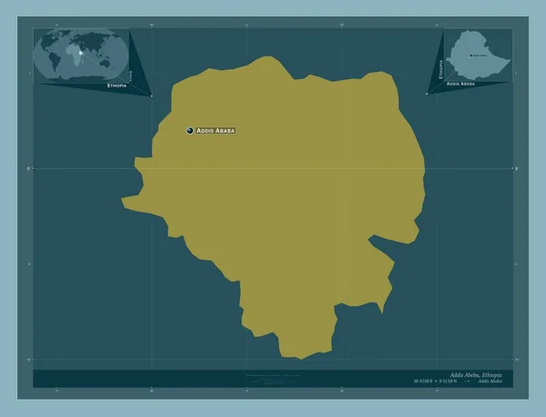 エチオピアの都市アディスアベバ しっかりした色の形 地域の主要都市の位置と名前 コーナー補助位置図 — ストック写真
