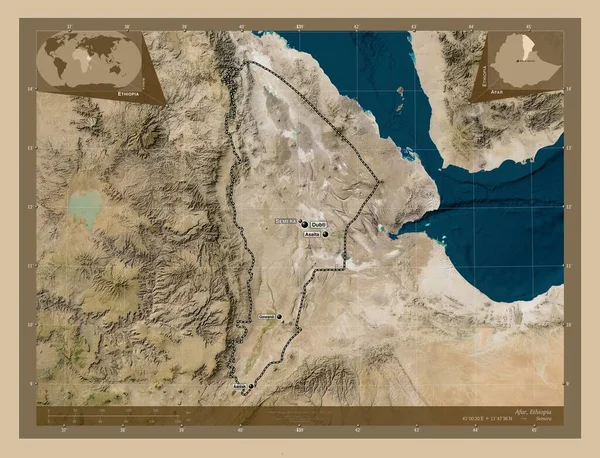 エチオピアの状態 低解像度衛星地図 地域の主要都市の位置と名前 コーナー補助位置図 — ストック写真